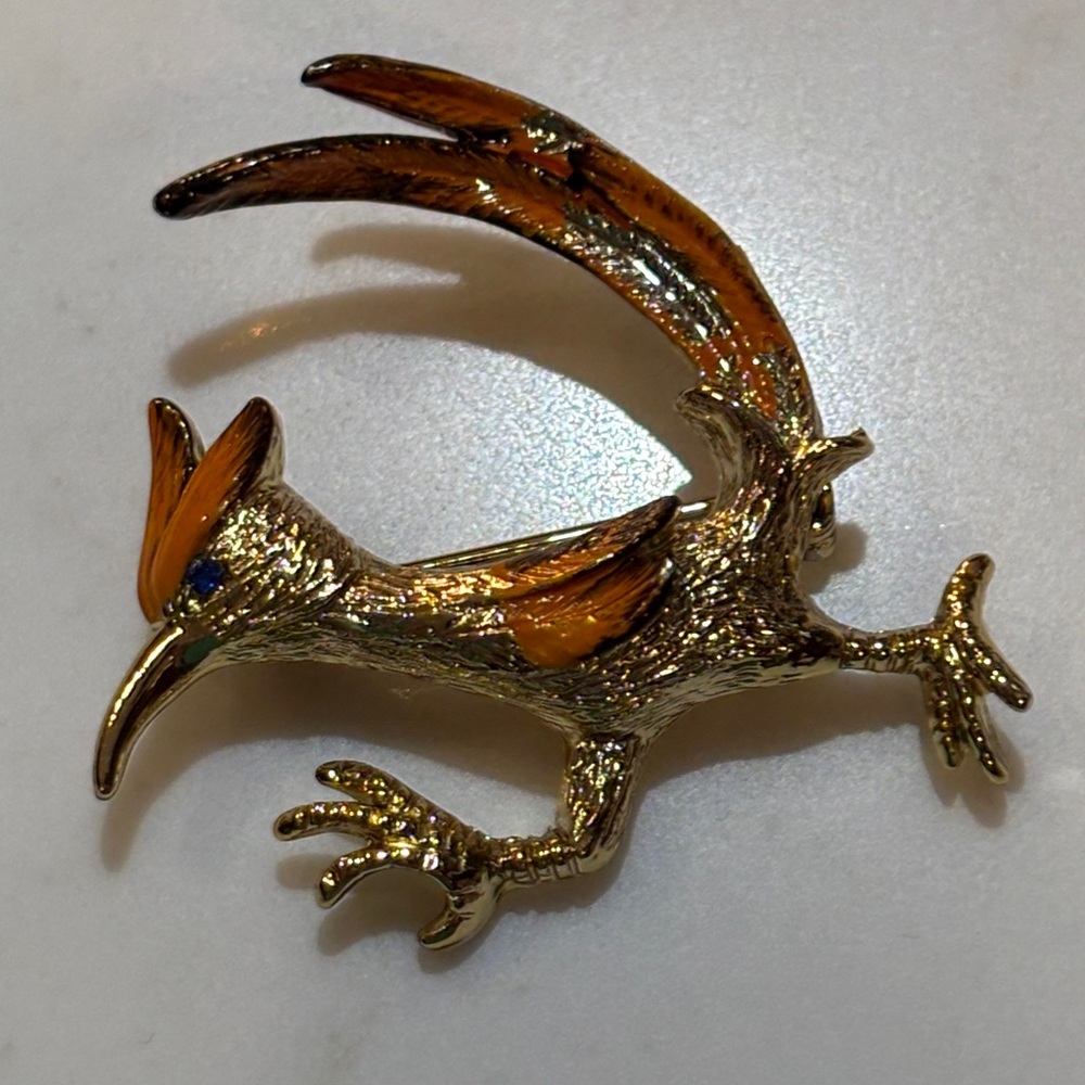 Vintage 70s Roadrunner Bird Brooch Gold Orange OS - Picture 4 of 4